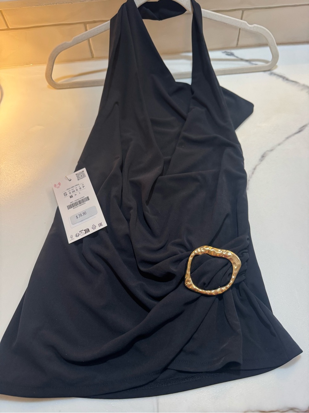 Zara Black Halter Draped Top with Gold Buckle New w Tags